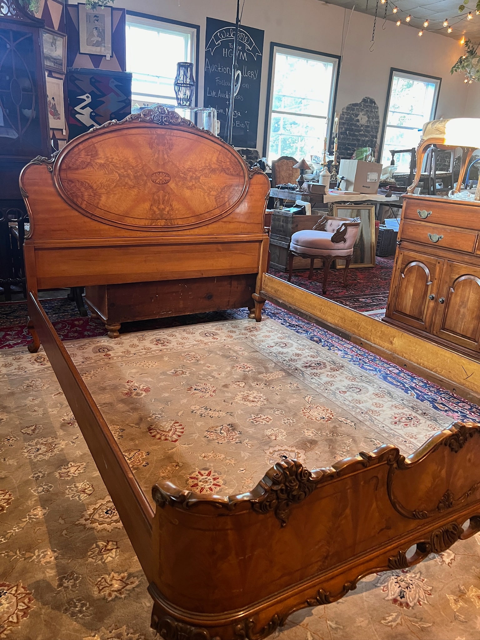 Louis the XV style 1930s Full Bed: Louis the XV style 1930s Full Bed. Beautiful bed in the Louis the XV style. Matches several other pieces we have featured in this auction. Has rails and wood slats, but rails have been altered to fit