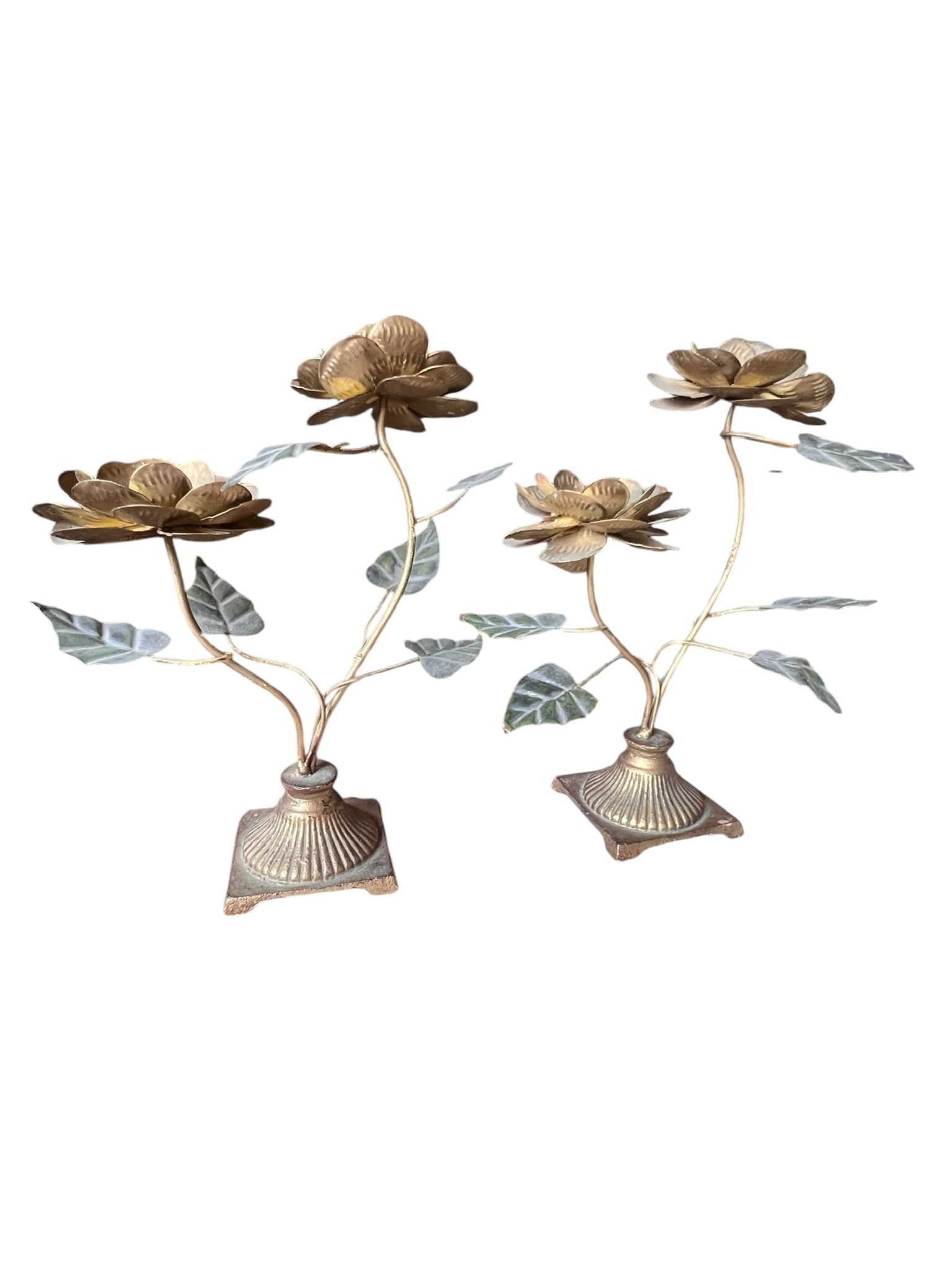 Vintage Tole Metal Flower Candleholders: Vintage Tole Metal Flower Candleholders. Lovely Tole metal candlesticks measuring 13.25 inches tall X 11.5 inches wide. Features leaf and flower design. There is some rust present. Very nicely made. C