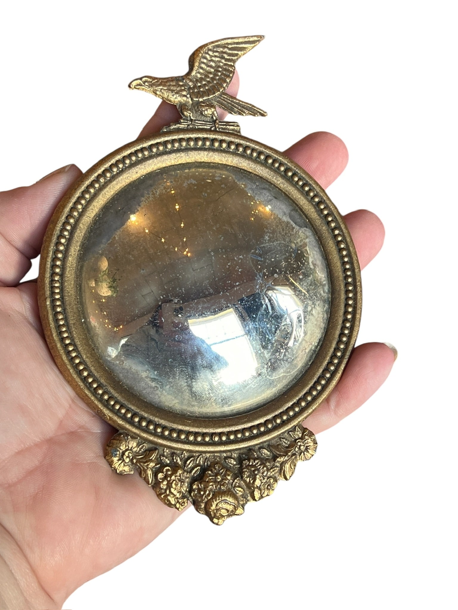 Antique Diminutive Convex Brass Eagle Mirror (1 of 8)