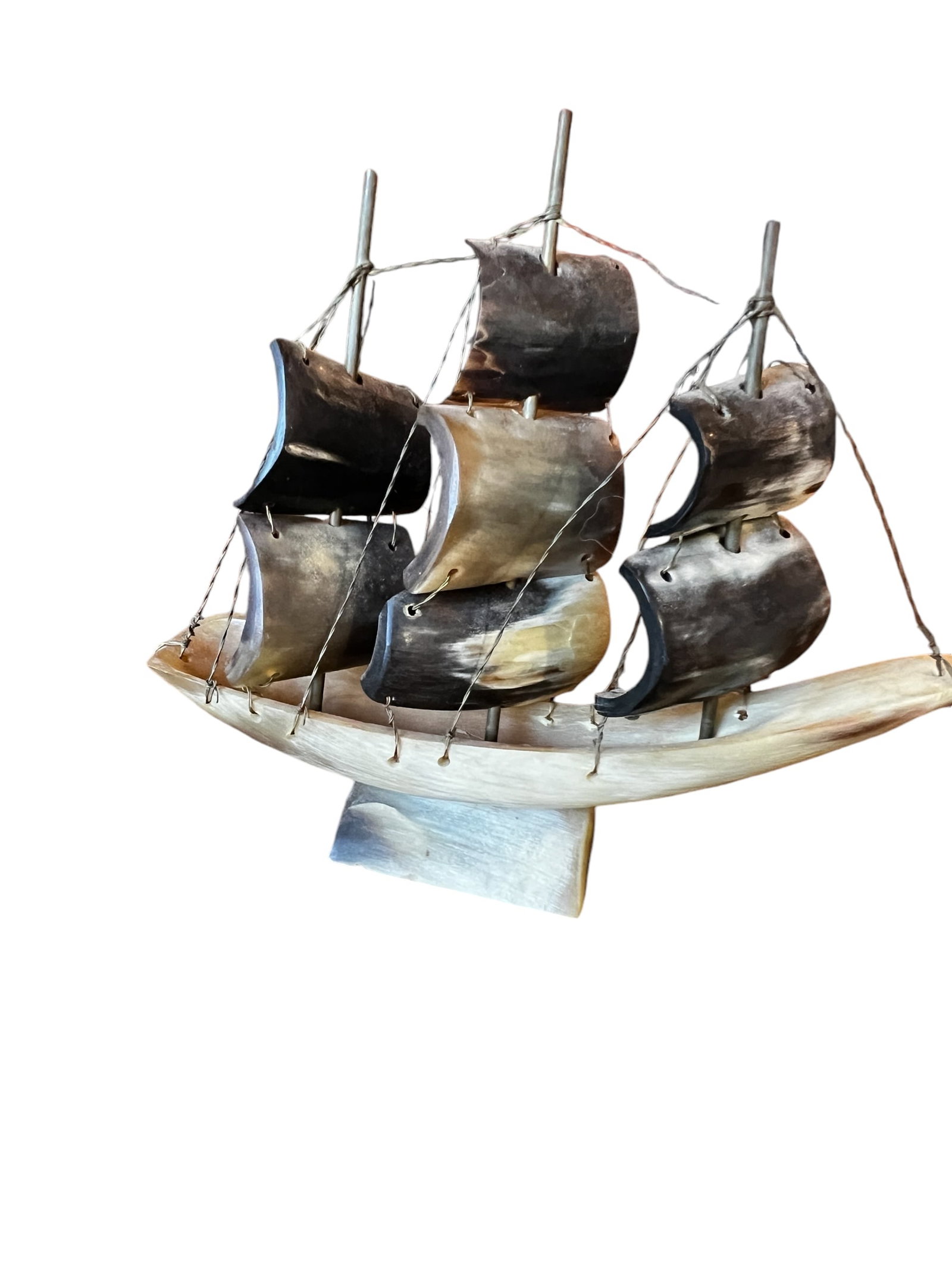 Sailing Ship Made From Horn: Handmade Horn Sailing ship. Lovely, handcrafted sailing ship made out of horn. Ship measures 8 inches long by 7 inches tall by 2 inches wide. Good Condition. Client DW. In House shipping is available 
