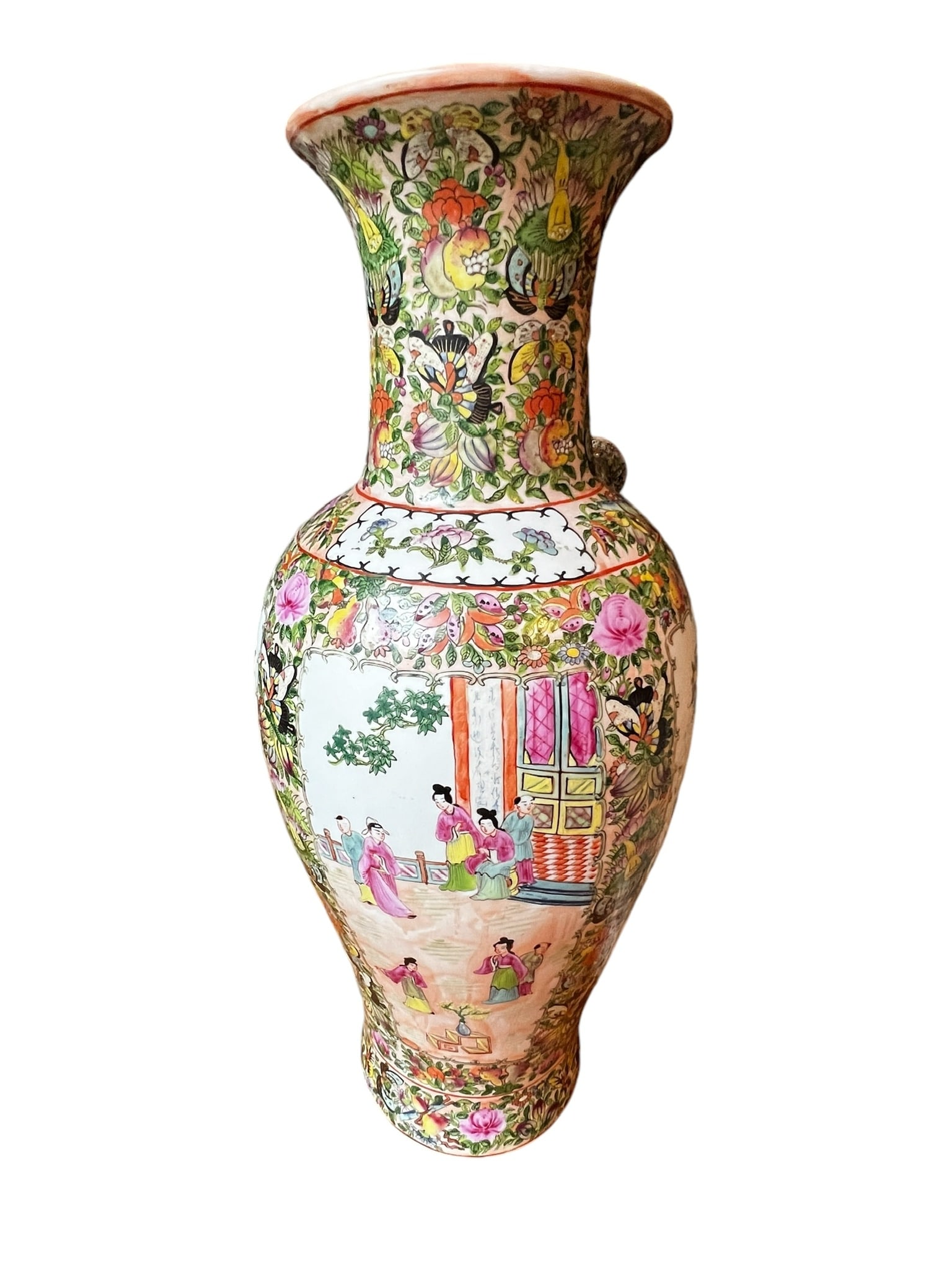 #1 Vintage Chinoiserie Famille Rose Porcelain Vase: Vintage Chinoiserie Famille Rose Porcelain Vase #1. Beautiful craftsmanship on this vase. This piece appears to be vintage Twentieth Century. Measures 24.25 inches tall by 10 inches wide at the base 7