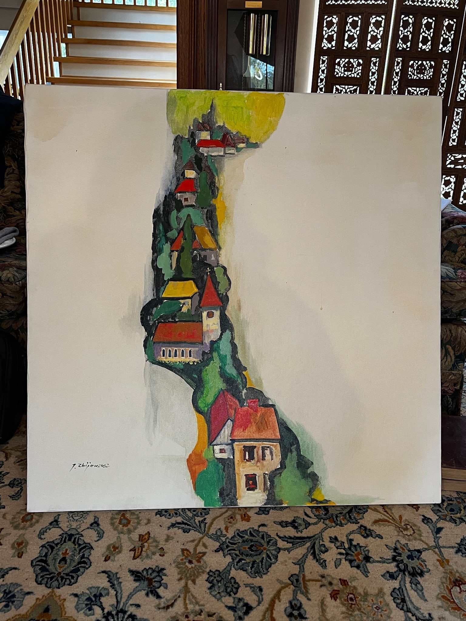 Large Signed Canvas Painting: Large Canvas Painting. Signed by the artist. Zbijewski? Polish or Czech. Features a village scene as viewed from a parting cloud. Measures 40 inches x 40 inches. This item is pick up only. No In-House