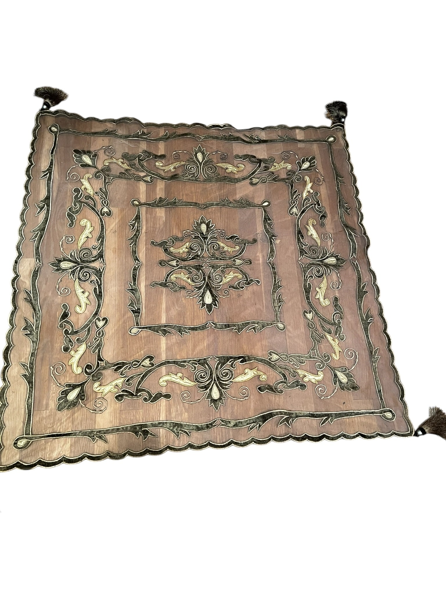 Vintage Green Sheer Table Cover: Vintage Green Sheer Table Cover. It Is made from sheer fabric in light green and tassels at the corners. Very intricate detailing. 42 inches x 42 inches.In-House shipping available for this lot.This i
