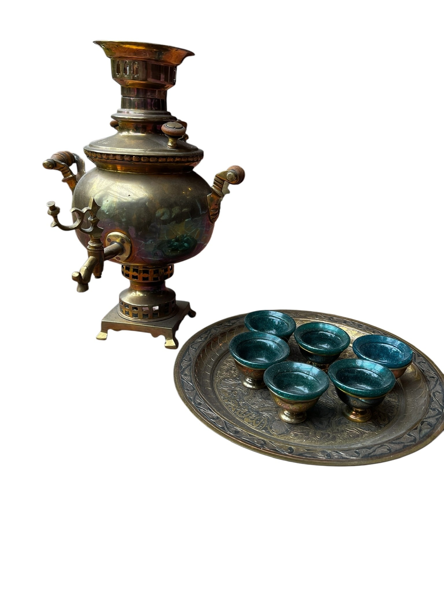 Antique Samovar with Tray and 6 Cups: Antique Samovar with Tray and 6 cups. Nice, Incomplete samovar measuring 14 inches tall x 10 inches wide with Brass 12-inch tray and 6 2-inch cups. This item is pick up only. No In-House shipping avai