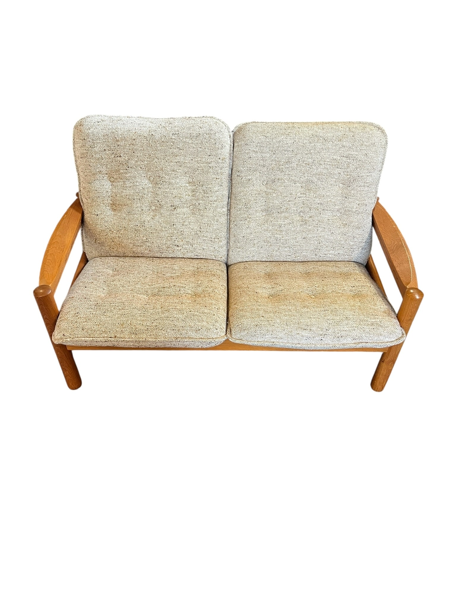 Mid Century Modern Teak Wood Fabric Love Seat: Mid Century Modern Teak wood and fabric love seat. Love seat is in very good condition with minor wear to wood at arm and a pull in the top of one cushion. Detachable seats/cushions for ease of transp