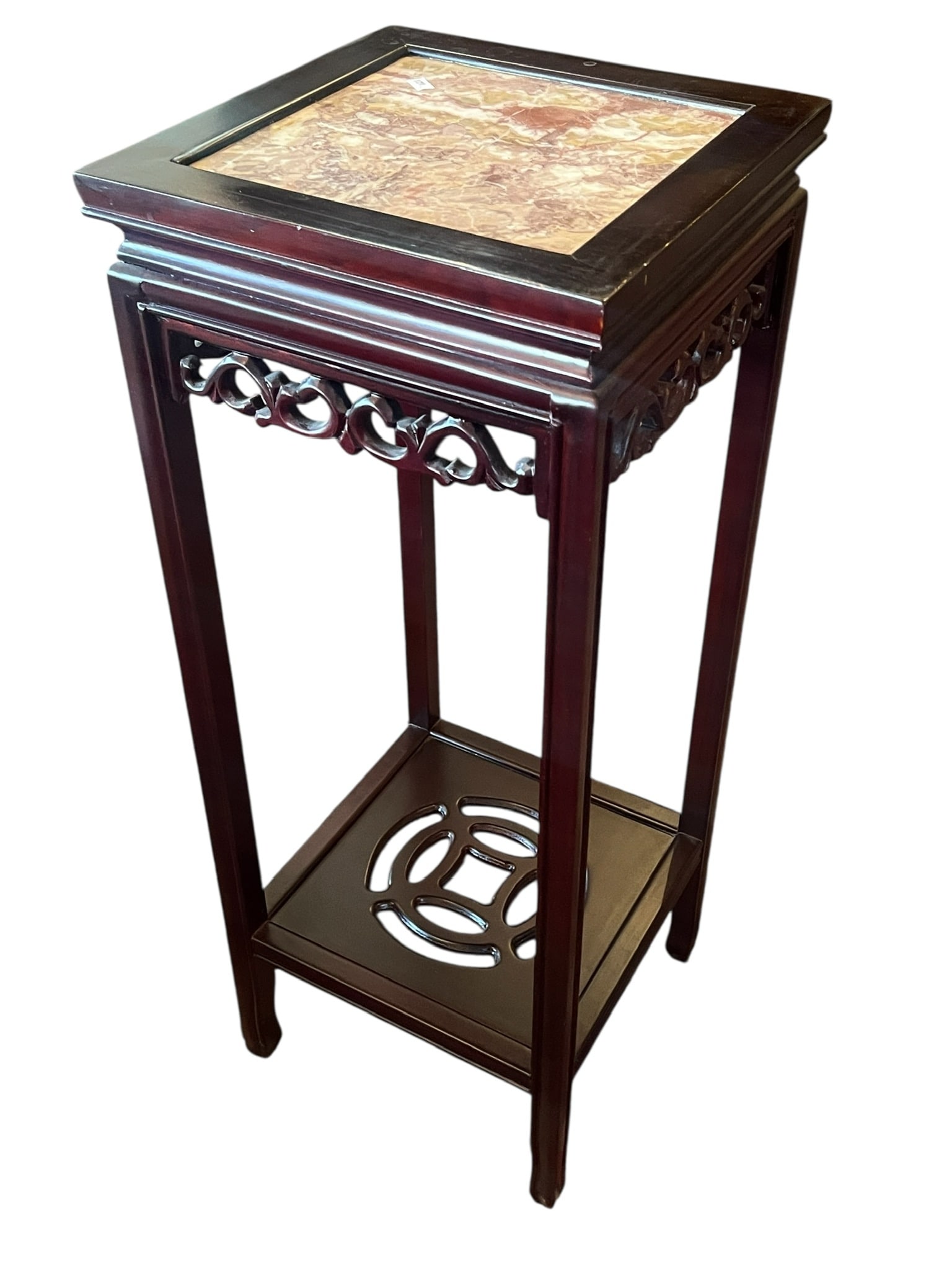 20th Century (1900s) Chinese Mahogany Square Pedestal Plant Stand: 20th Century (1900s) Chinese Mahogany Square Pedestal Plant Stand. Very well made. Ebonized wood. Measures 32 inches tall x 12.5 inches x 12.5 inches. Lovely carved details and marble inset. This item