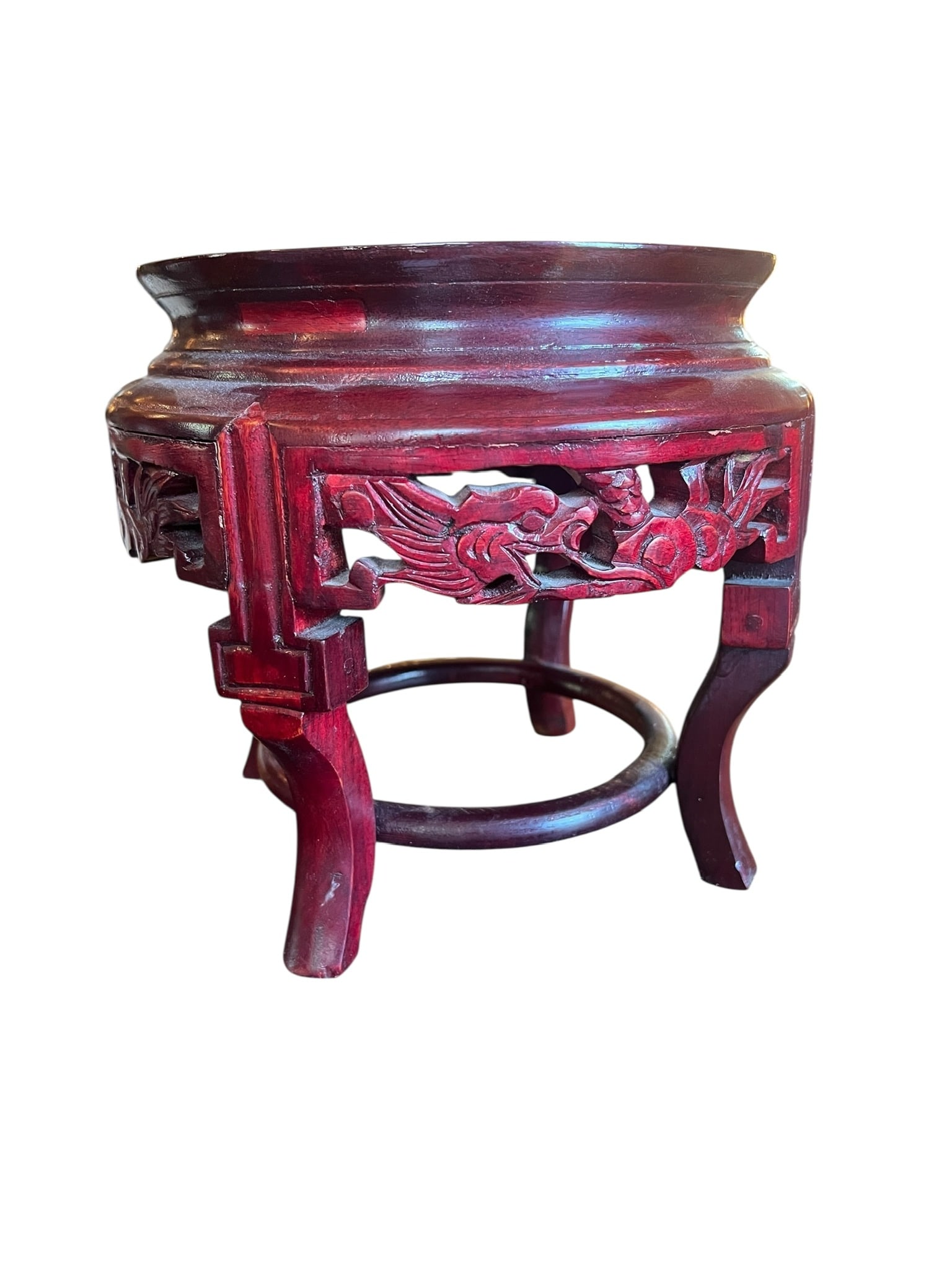 Chinese Rosewood Stand: Chinese Rosewood Stand. Carved Chinese stand made of rosewood. Stand measures 8 inches tall x 8 inches wide. 21st Century. In House shipping is available for this lot. ****** Please review all photos 