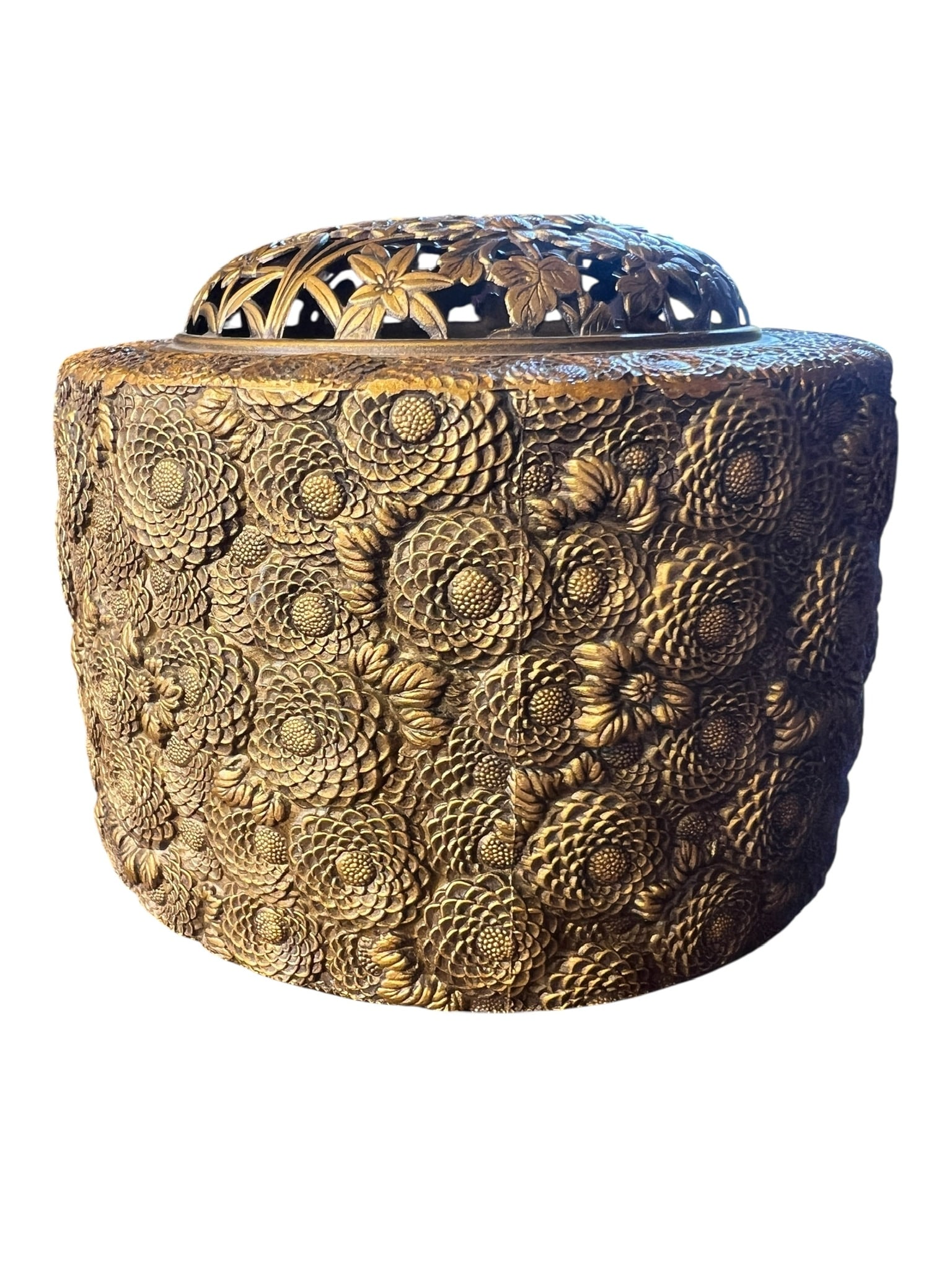 Copper Colored Round Lead Metal Carved Box w Lid Lotus Flowers (1 of 8)