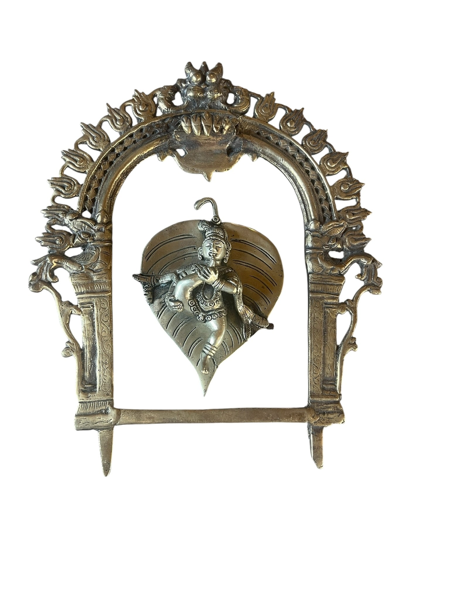 Traditional Brass Set of Vatapatra Sai with Prabhavali (Baby Krishna on a Leaf in a Frame) (1 of 12)
