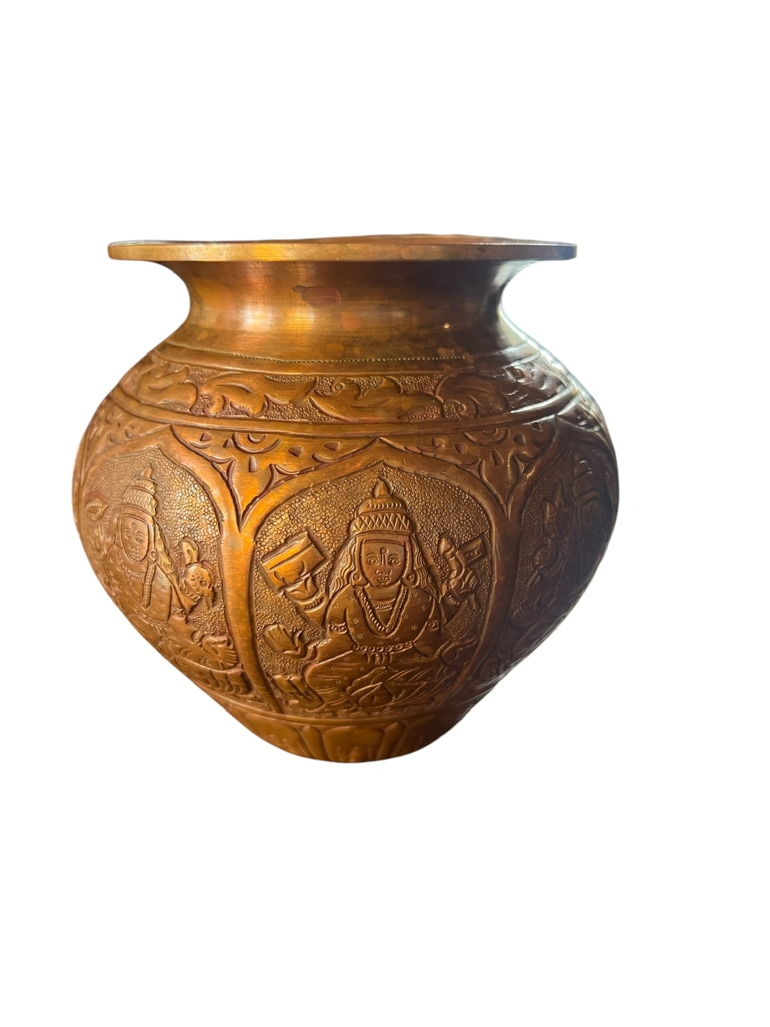 Copper Vase with Ashtalakshmi Images Carved Around the Body: Copper Vase with Ashtalakshmi Images Carved Around the Body. Vase has a dent on one side. Color and details are wonderful. Measures 2.25 inch opening x 4.75 inches wide x 4.25 inches tall. Ashta means