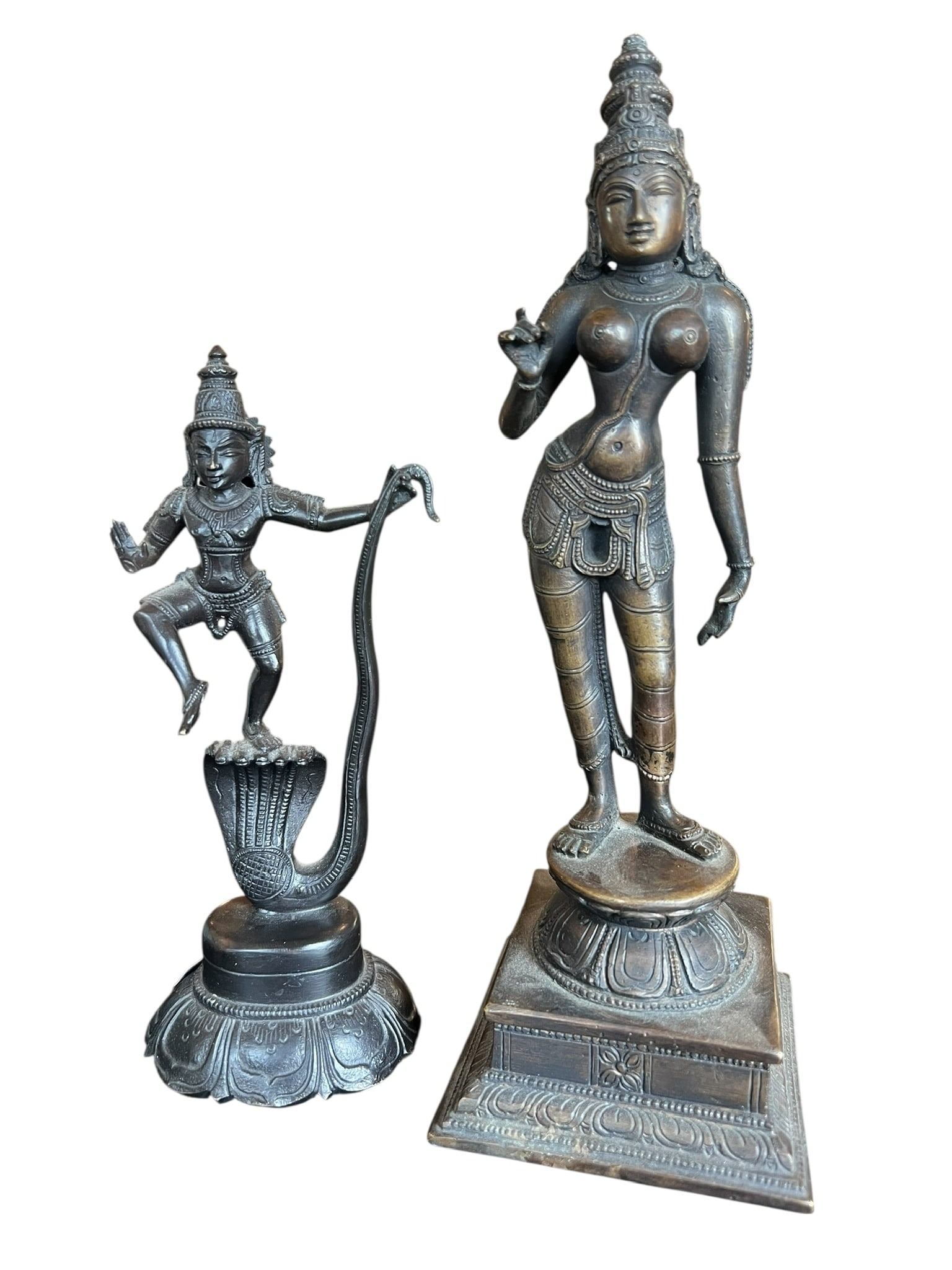 Pair of Vintage Hindu Religious Statues Devi Parvati and Krishna Dancing on Kaliya (1 of 9)
