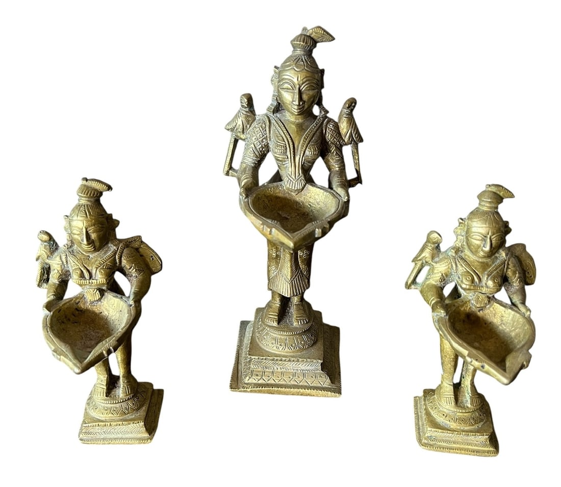 Group of 3 Paavai Vilakku Antique Brass Hindu Oil Lamps (1 of 11)