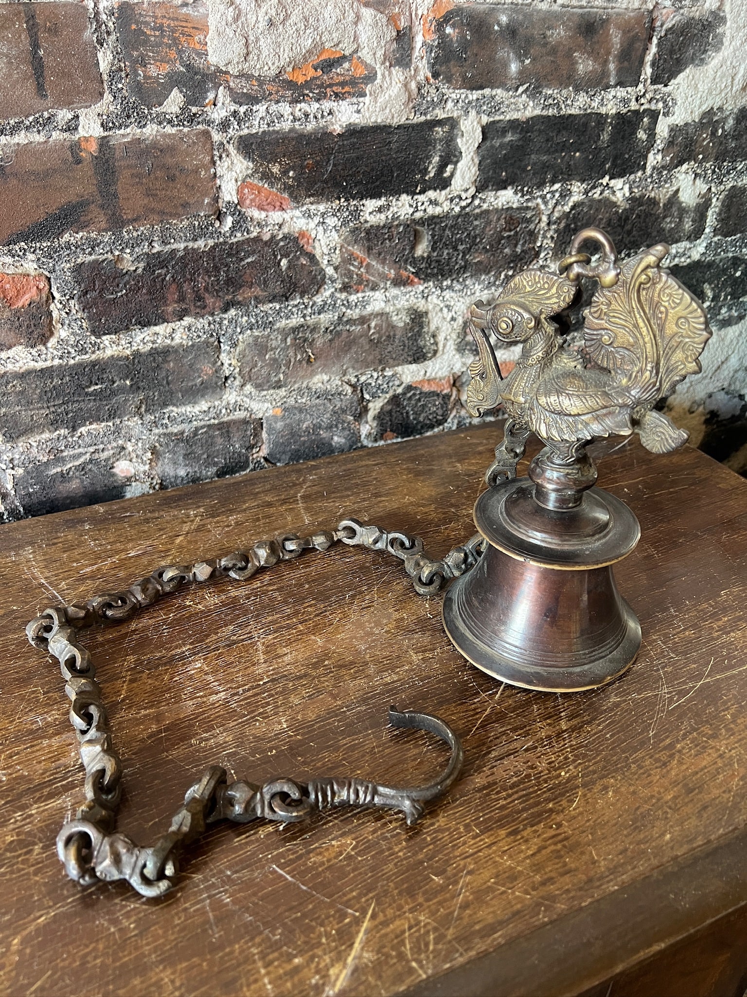 Bronze Hindu Peacock Bell and Chain. (1 of 12)