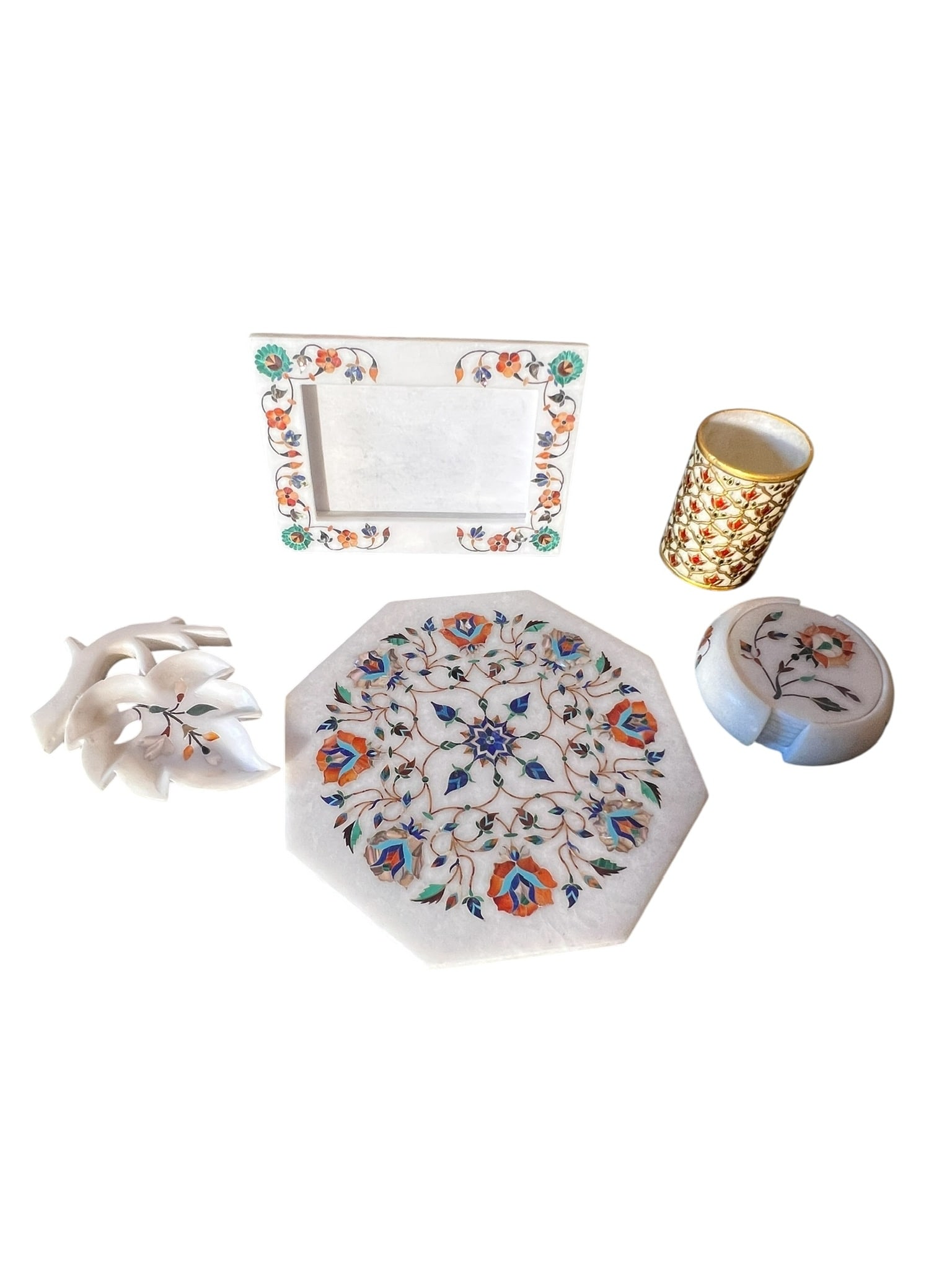 Grouping of Marble Items (5): Group of Marble Items. Included in this lot: 1 Frame measuring 8 inches x 6 inches for a 4 inch x 6 inch photo. 1 pen cup with a flower design in red and gold, measuring 6 inches tall x 2.5 inches wid