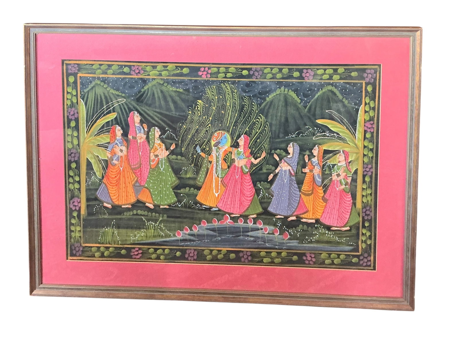 Framed Painting on Cloth Lord Krishna with Gupikas: Framed Painting on Cloth Lord Krishna with Gupikas. Measures 37.25 inches x 27.25 inches. Framed in a wooden frame. This item is considered furniture and will not be shipped via In-House shipping. Pic
