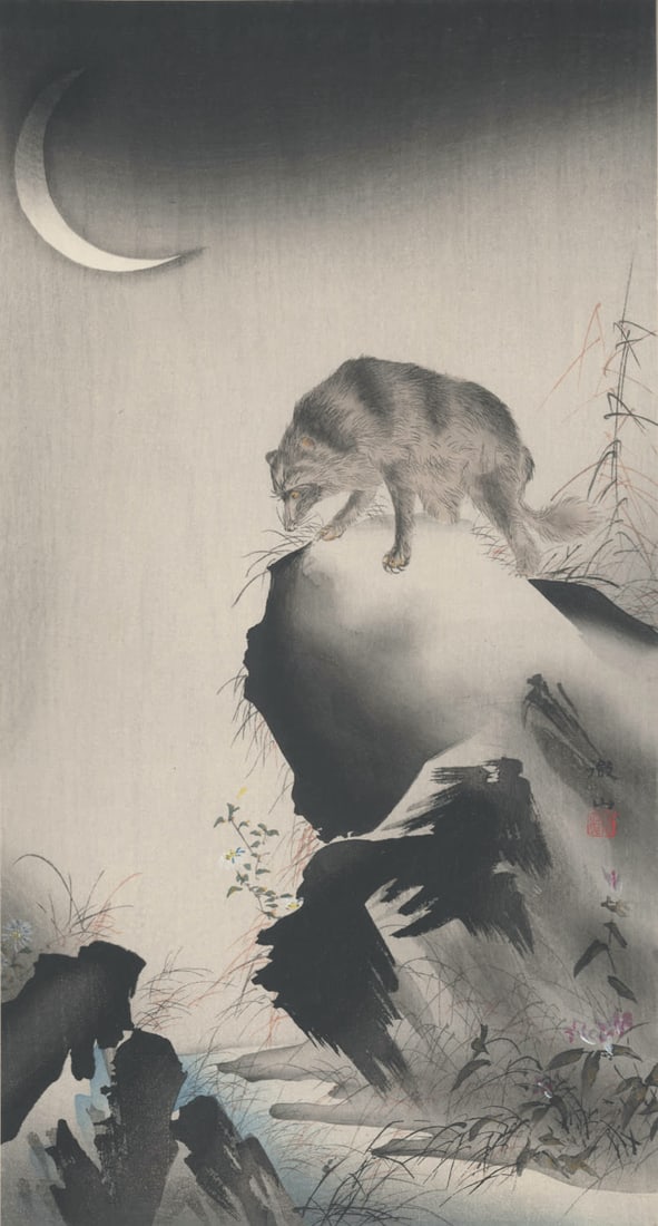 Raccoon on mountain, Mori Tetsuzan ???, (1775-1841): O-tanzaku Signed