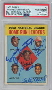 1963 Topps NL HR Leaders PSA DNA: 1963 Topps National League HR Leaders PSA DNA Authentic Auto 9 Featuring Hank Aaron, Willie Mays, Frank Robinson, Ernie Banks and orlando Cepeda. Signed in fiber-tip marker. Authentication Number 7538