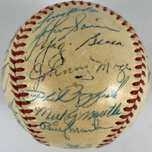 1952 NY Yankees WS Champions Team Signed Ball: 1952 New York Yankees World Series Champions Team Signed Baseball w/ 25 Signatures including Mickey Mantle, Phil Rizzuto, Yogi Berra, Johnny Mize and more! Comes with Full Letter of Authenticity from