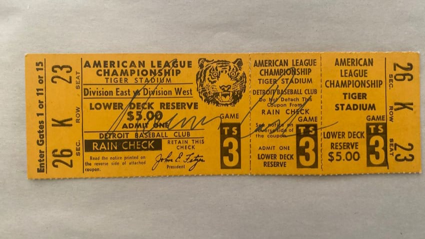 Norm Cash Autographed Detroit Tigers AL Championship Ticket (1 of 2)