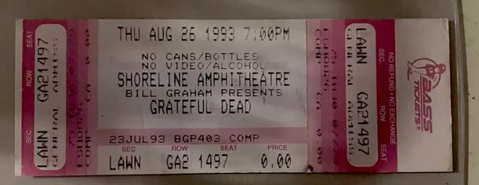Grateful Dead 1993 Shoreline Concert Ticket