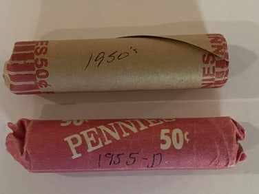 1955 & 1950 unsearched wheat penny rolls