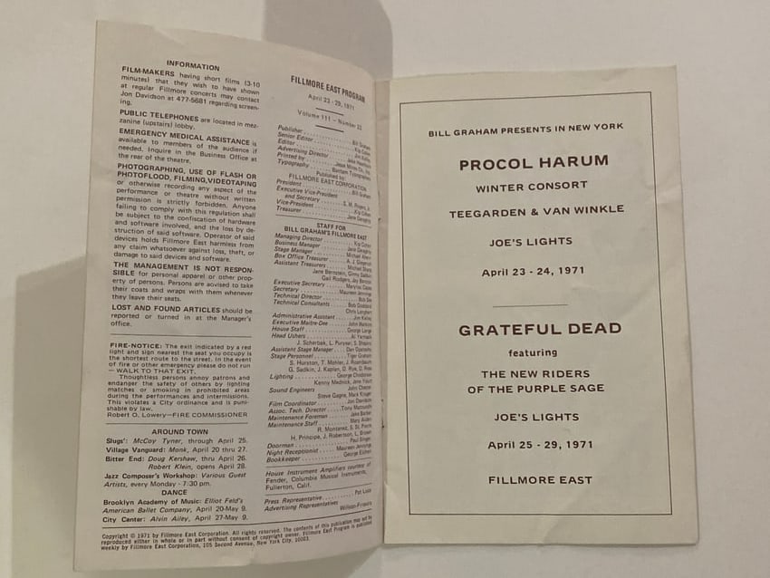 Grateful Dead New Riders 1970 Filmore East Program (1 of 3)
