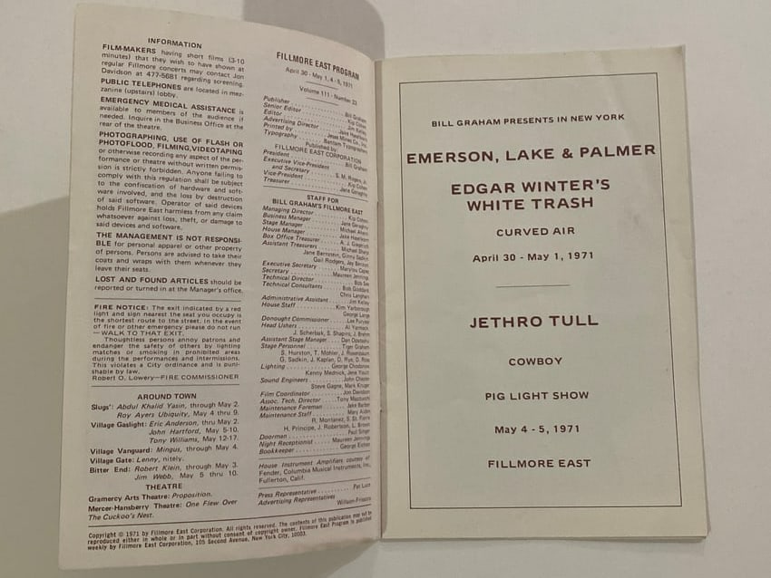 ELP Edgar Winter Jethro Tull 1970 Filmore East Program (1 of 4)