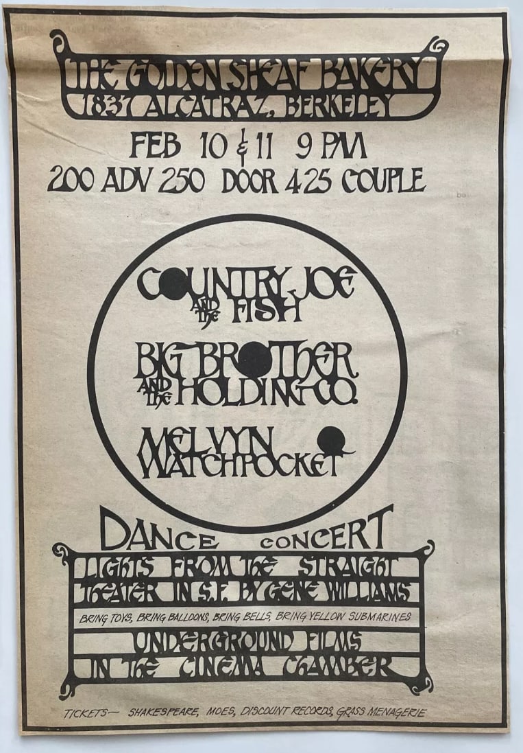 Janis Joplin Country Joe 1967 Concert Ad Poster: Up for auction is a rare Janis Joplin and Country Joe concert advertisement poster, measuring 6x9 inches. This vintage piece captures the spirit of the late 1960s with its vibrant design and iconic pr