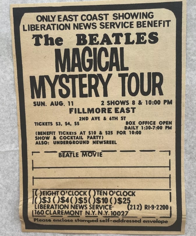The Beatles 1968 Filmore East Magical Mystery Tour Order Form: Up for auction is a rare and collectible The Beatles 1968 Fillmore East "Magical Mystery Tour" Order Form, measuring 4x5.5 inches. This vintage piece captures the essence of the late 1960s Beatles era