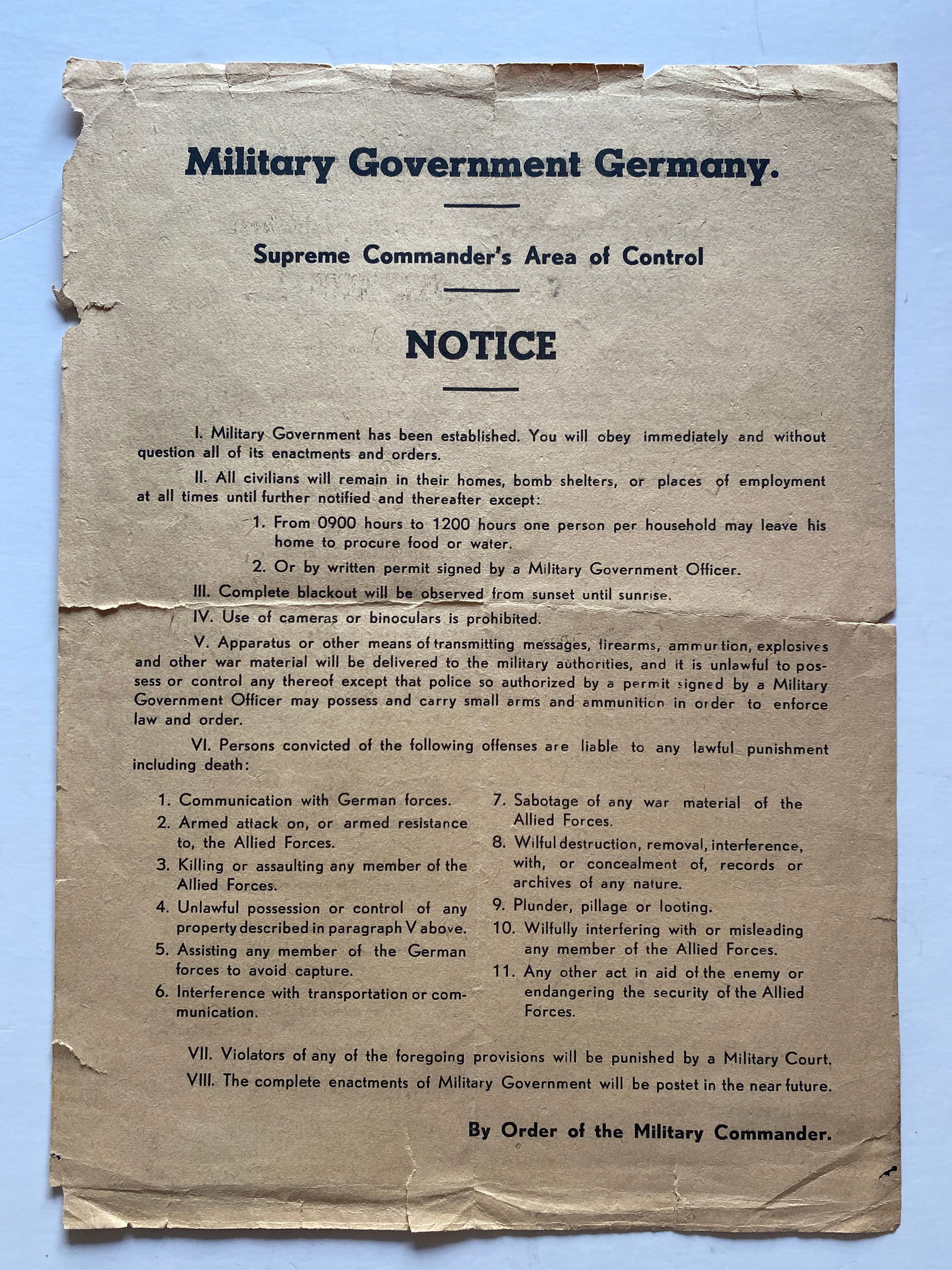 WW2 US German Occupation Supreme Commander Notice English and German: Up for auction is a rare and historically significant WWII-era US German Occupation Supreme Commander Notice. This authentic artifact represents a critical period following the Allied victory in Europ