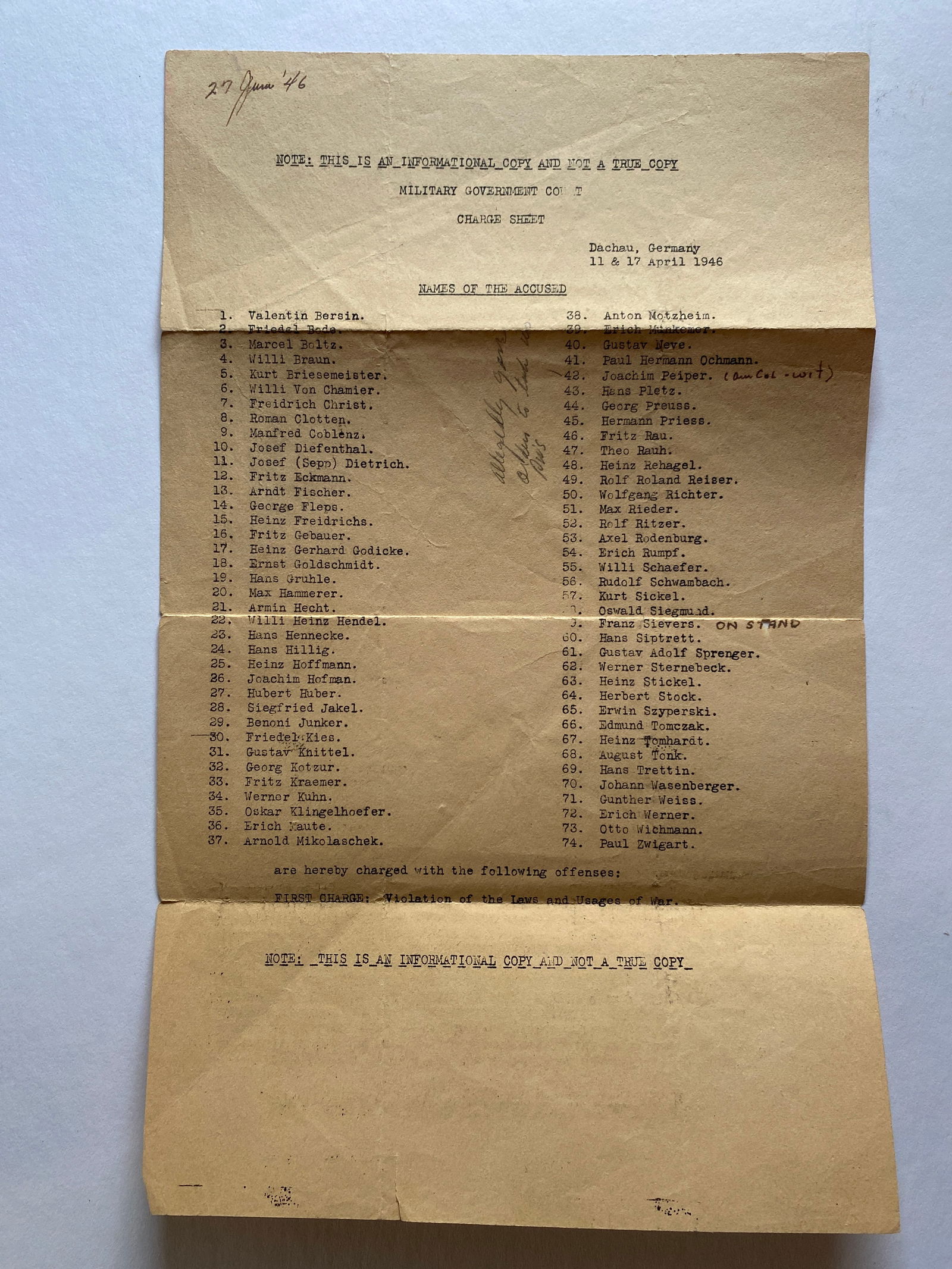 WW2 US German Occupation Dachau War Criminal List (1 of 2)