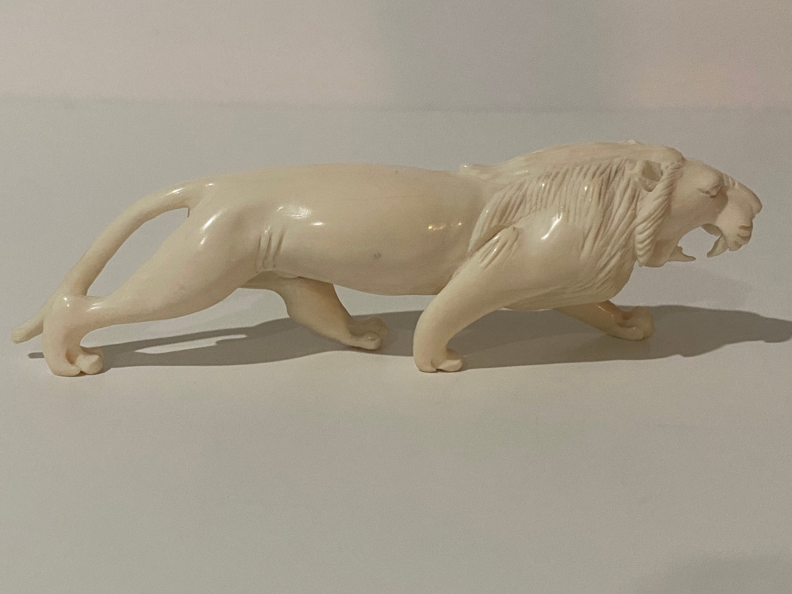 Antique Asian Chinese Lion Statue: Antique Asian Chinese Lion Statue intricately carved from a tusk, showcasing remarkable craftsmanship and attention to detail. Measuring 6.5" long and 2" high, this exquisite piece captures the regal 