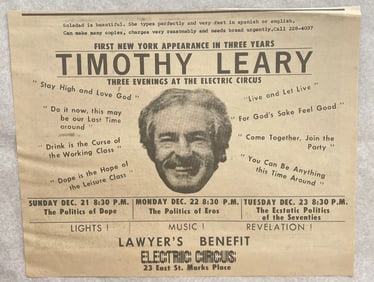 Timothy Leary 1969 Electric Circus Benefit Ad Poster