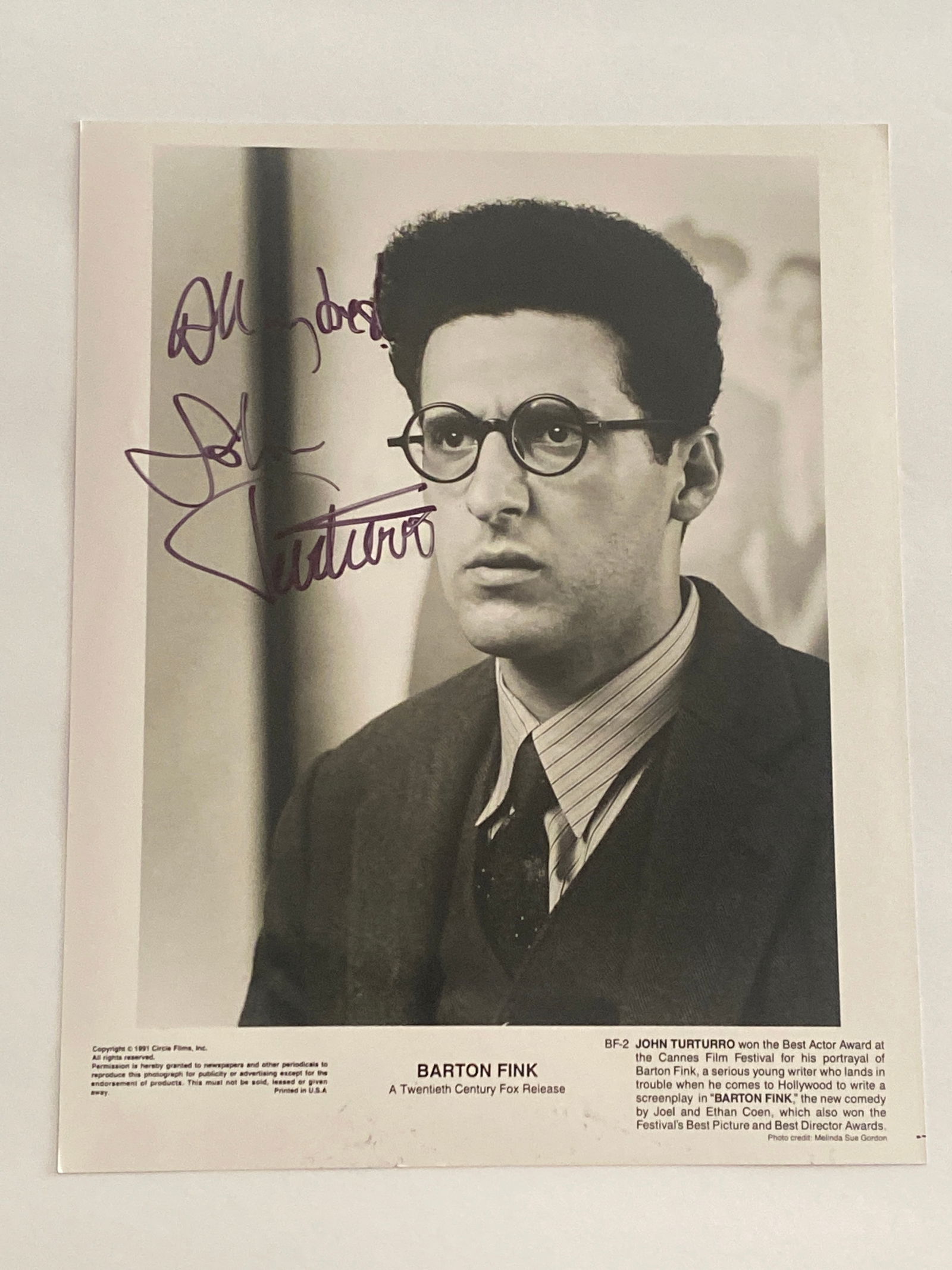 John Turturro autographed Barton Fink Movie Photo