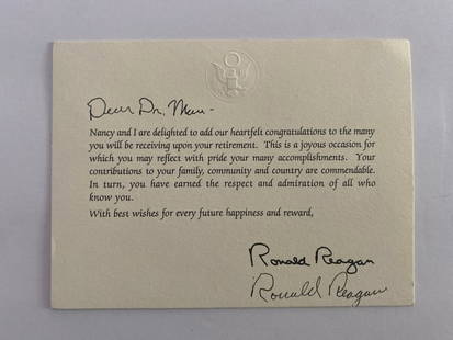 Ronald Reagan Autographed Card: 6.25x4.5Provenance: This item originates from the inventory of the Antique Autograph Society in Sebastopol, California, a distinguished establishment renowned for its authentic memorabilia until its c