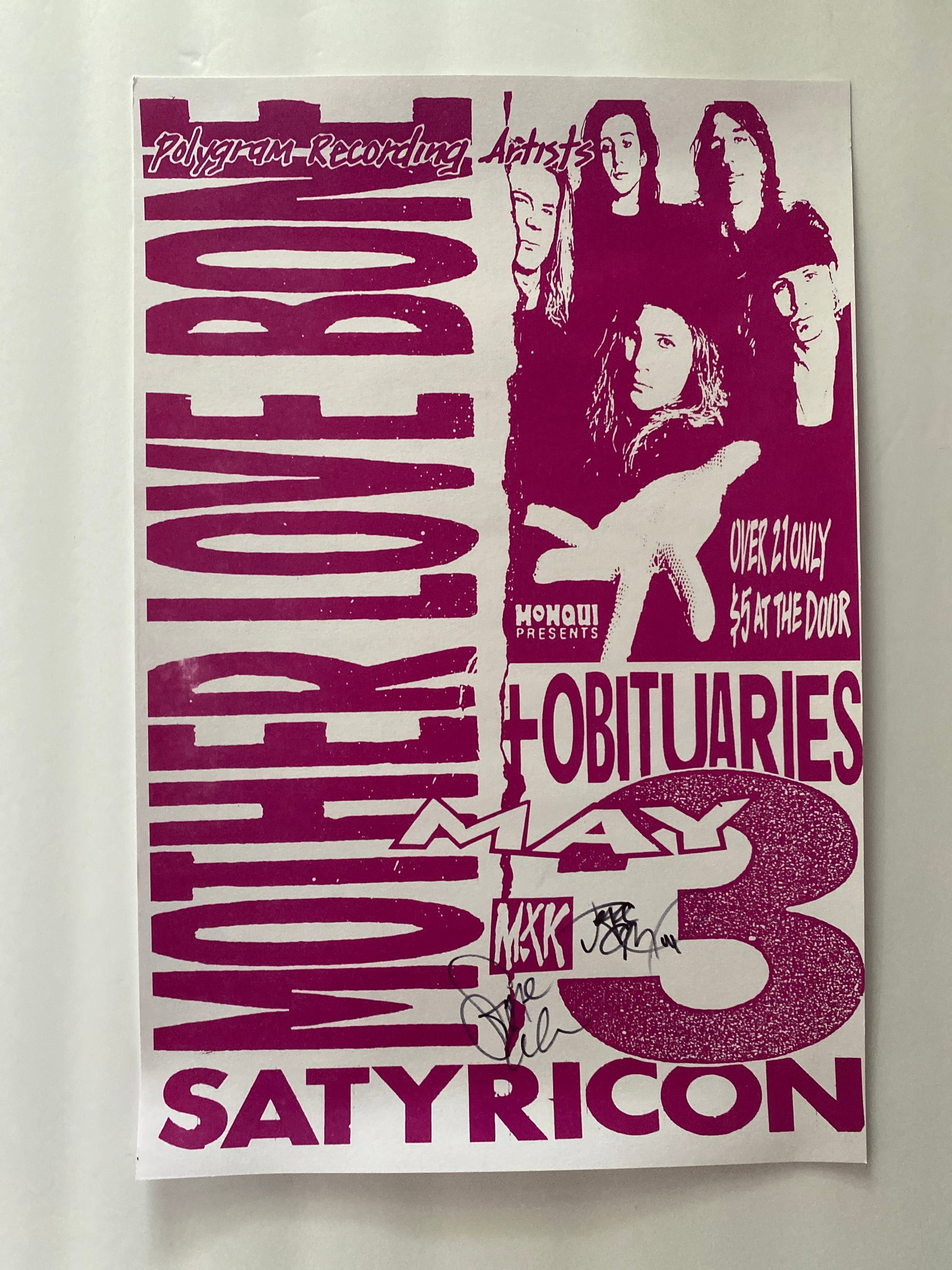 Mother Love Bone Autographed Poster: Signed by Stone Gossard and Jeff Ament signed. 12x18Provenance: originates from the estate of Jeffrey Gallagher, a respected sound and lighting technician active in the Seattle-Tacoma area throughout