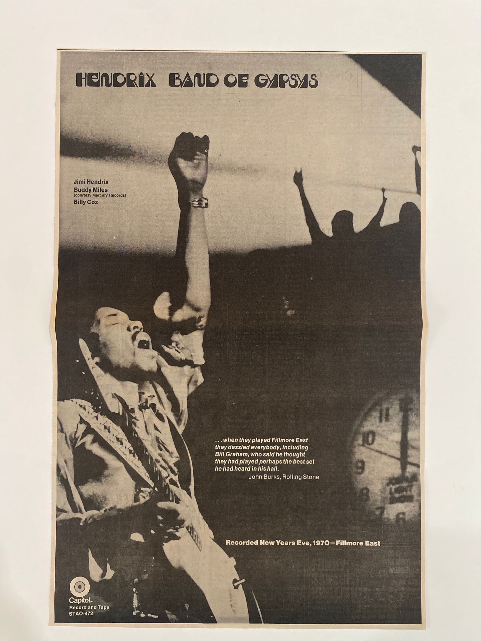 Jimi Hendrix Band of Gypsies 1970 New Years Eve Concert Ad Poster 1st Printing (1 of 1)