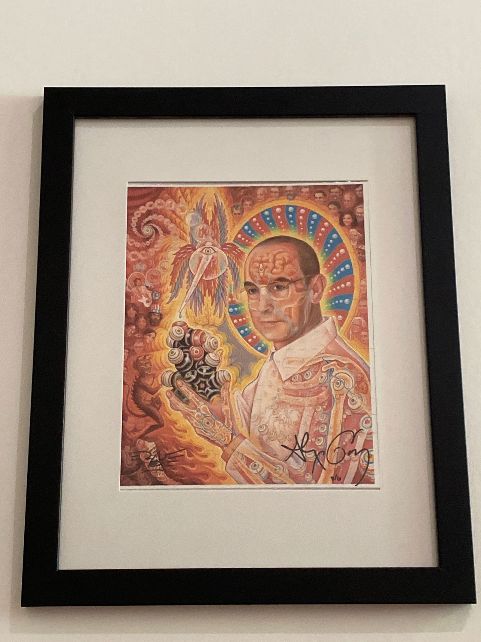 Alex Grey Signed Albert Hoffman LSD Blotter Art: Offered here is an extraordinary piece of psychedelic art history: a signed blotter art sheet featuring Alex Grey’s visionary depiction of Albert Hofmann, the Swiss chemist who first synthesized LSD