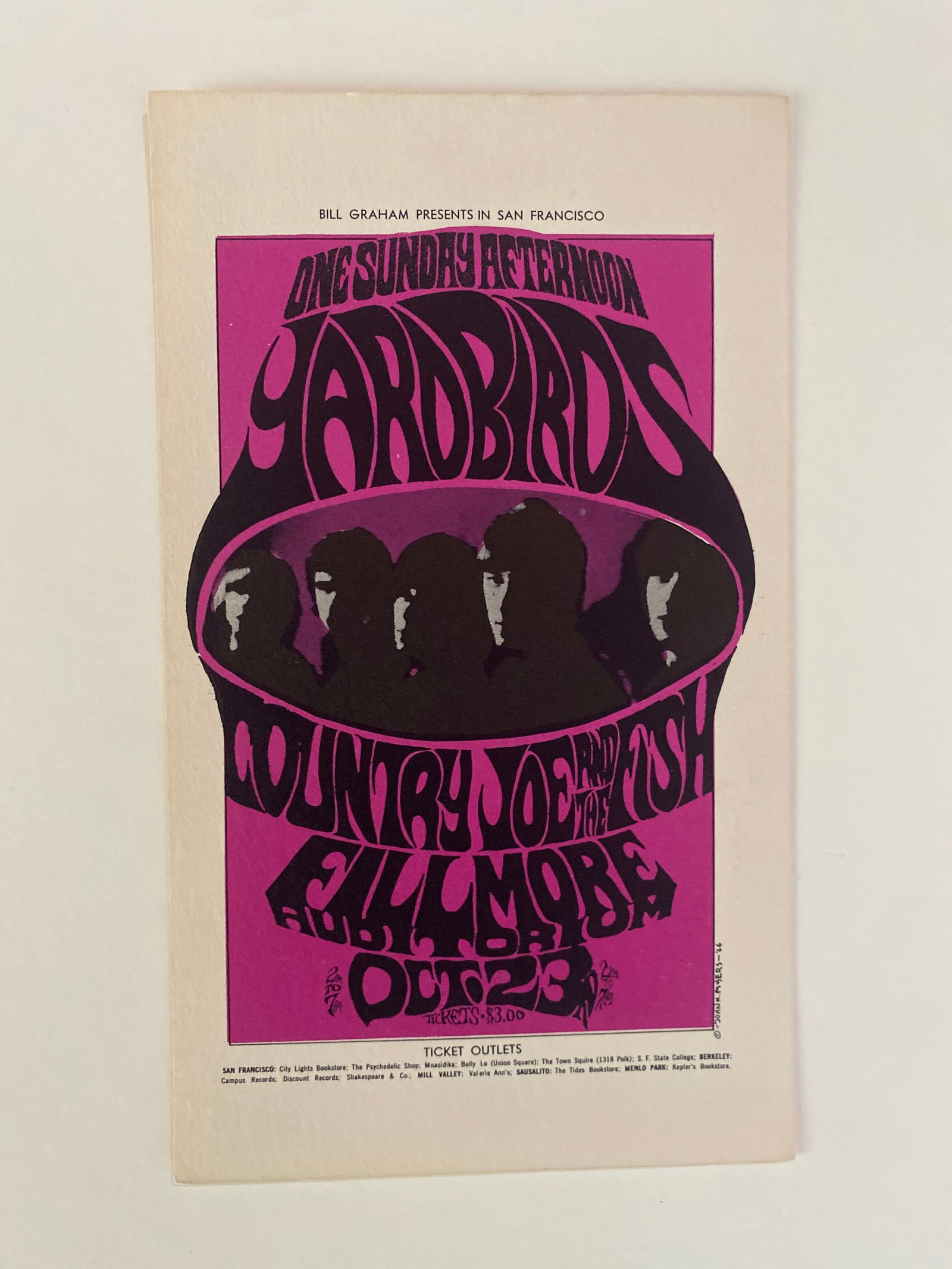 Yardbirds 1967 Fillmore Concert Postcard: Up for auction is an original 1967 Yardbirds Fillmore concert postcard measuring approximately 4.5" x 7.5". This vibrant first-printing postcard promotes the legendary British rock band’s performanc