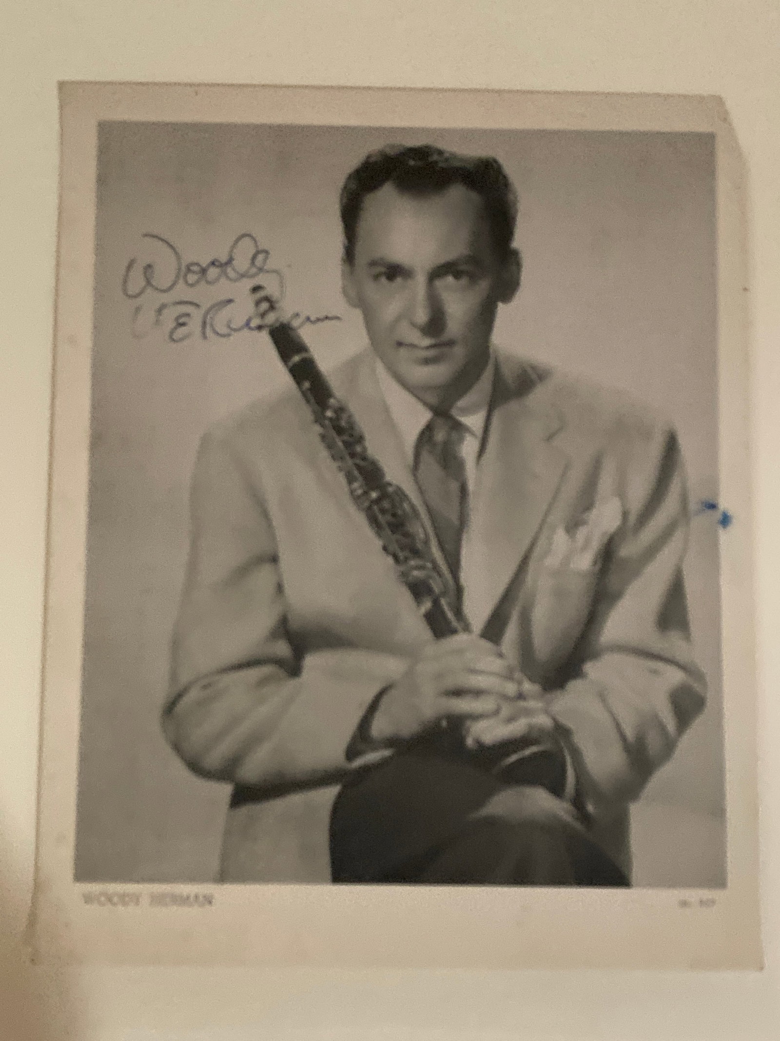 Woody Herman autographed photo: This vintage black-and-white photograph is hand-signed by legendary jazz clarinetist and big band leader Woody Herman, a pivotal figure in the evolution of swing and modern jazz. Known for his leaders