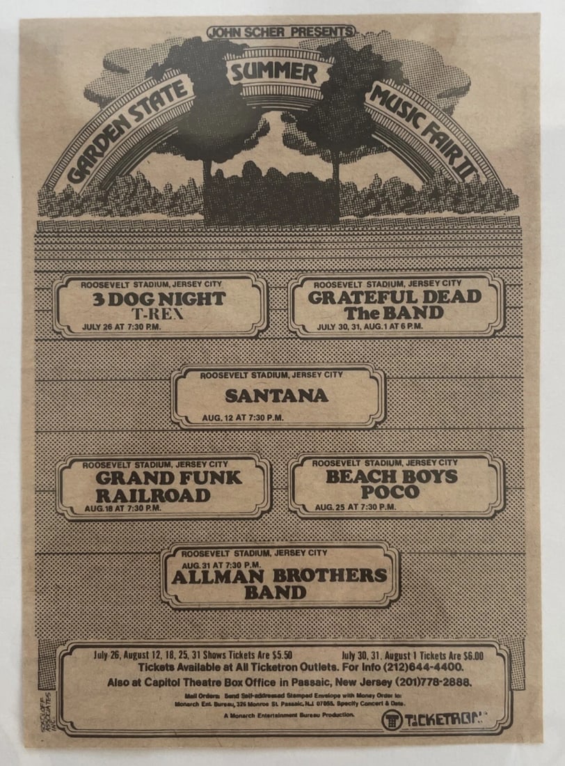 Grateful Dead Allman Brothers 1973 Roosevelt Stadium Ad Poster (1 of 1)