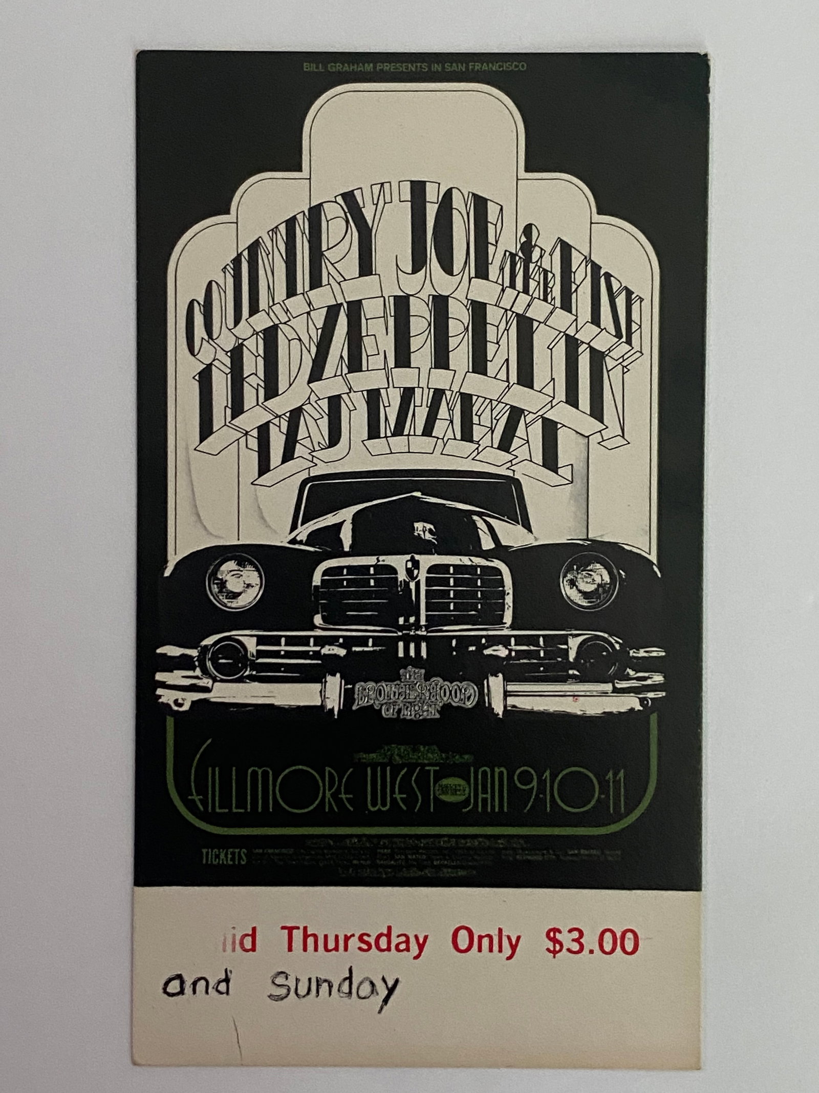 Led Zepplin Country Joe 1969 Fillmore Concert Ticket: Offered here is an original 1969 Fillmore West concert ticket for a legendary performance featuring Led Zeppelin and Country Joe & The Fish. This rare piece of rock history comes from the early days o