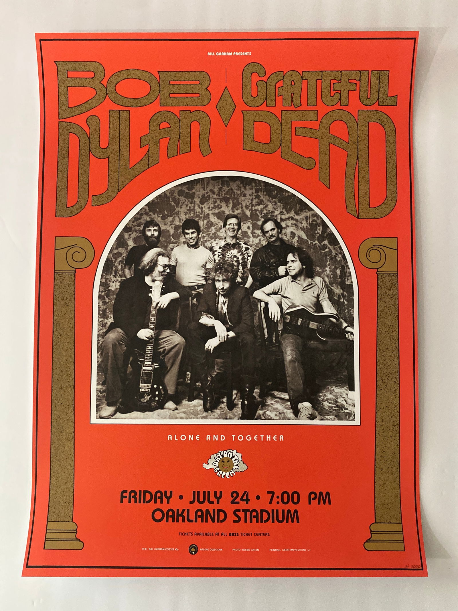 Grateful Dead Bob Dylan 1987 Oakland Concert Poster 2nd Printing: Offered here is an original first printing of the Grateful Dead and Bob Dylan 1987 Oakland Stadium concert poster, a vibrant piece of rock history from their legendary summer tour. Designed to promote