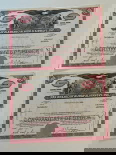 Pan American World Airways Vintage Stock Certificate (2): Offered here is a pair of vintage stock certificates, rich in financial history and collectible charm. These beautifully printed documents represent a bygone era of corporate America, featuring
