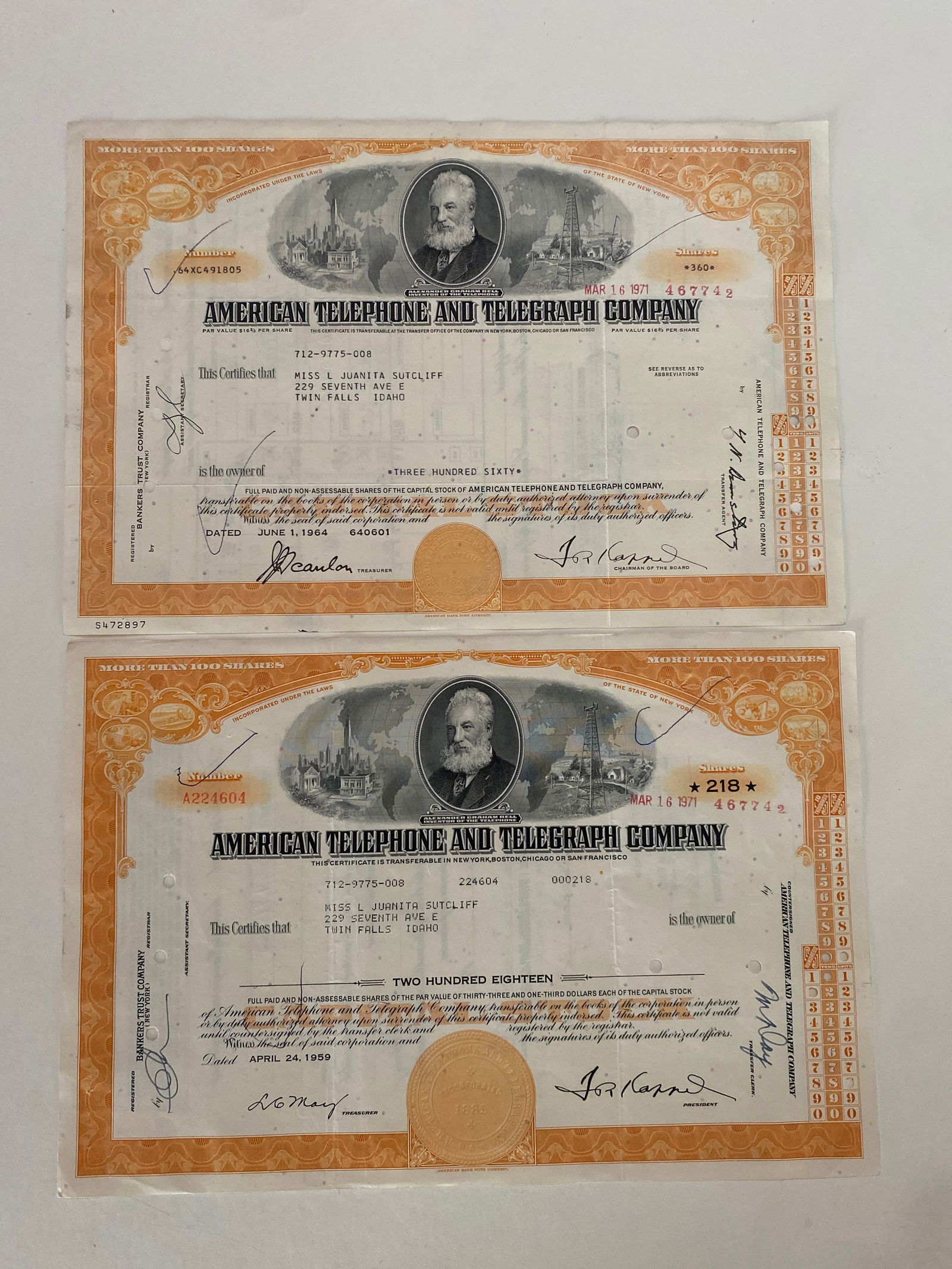 American Telephone and Telegraph Company Vintage Stock Certificate (2) (1 of 2)