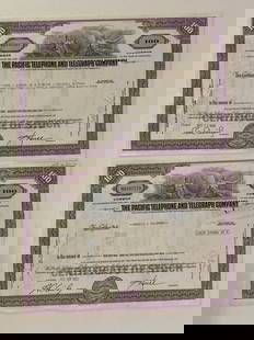 The Pacific Telephone and Telegraph Company Vintage Stock Certificate (2): Offered here is a pair of vintage stock certificates, rich in financial history and collectible charm. These beautifully printed documents represent a bygone era of corporate America, featuring