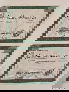 American Brands Inc Vintage Stock Certificate (2): Offered here is a pair of vintage stock certificates, rich in financial history and collectible charm. These beautifully printed documents represent a bygone era of corporate America, featuring