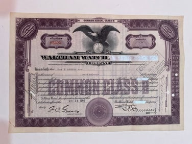 Waltham Watch Company Vintage Stock Certificate