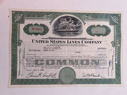 United States Lines Co Vintage Stock Certificate: Offered here is a United States Lines Co vintage stock certificates, rich in financial history and collectible charm. These beautifully printed documents represent a bygone era of corporate America,