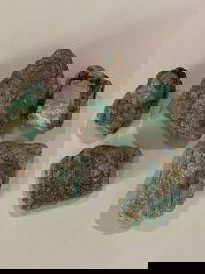 34.4ct Nevada No. 8 No. 8 Turquoise 1930's Mined (5 PIeces): This exceptional specimen of Antique Mined Nevada No. 8 Turquoise hails from one of the most coveted turquoise deposits in the American Southwest. Renowned for its vivid robin’s egg blue hue and del